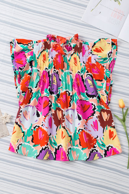 Abstract Floral Print Frilled Neck Pleated Blouse | Multicolour