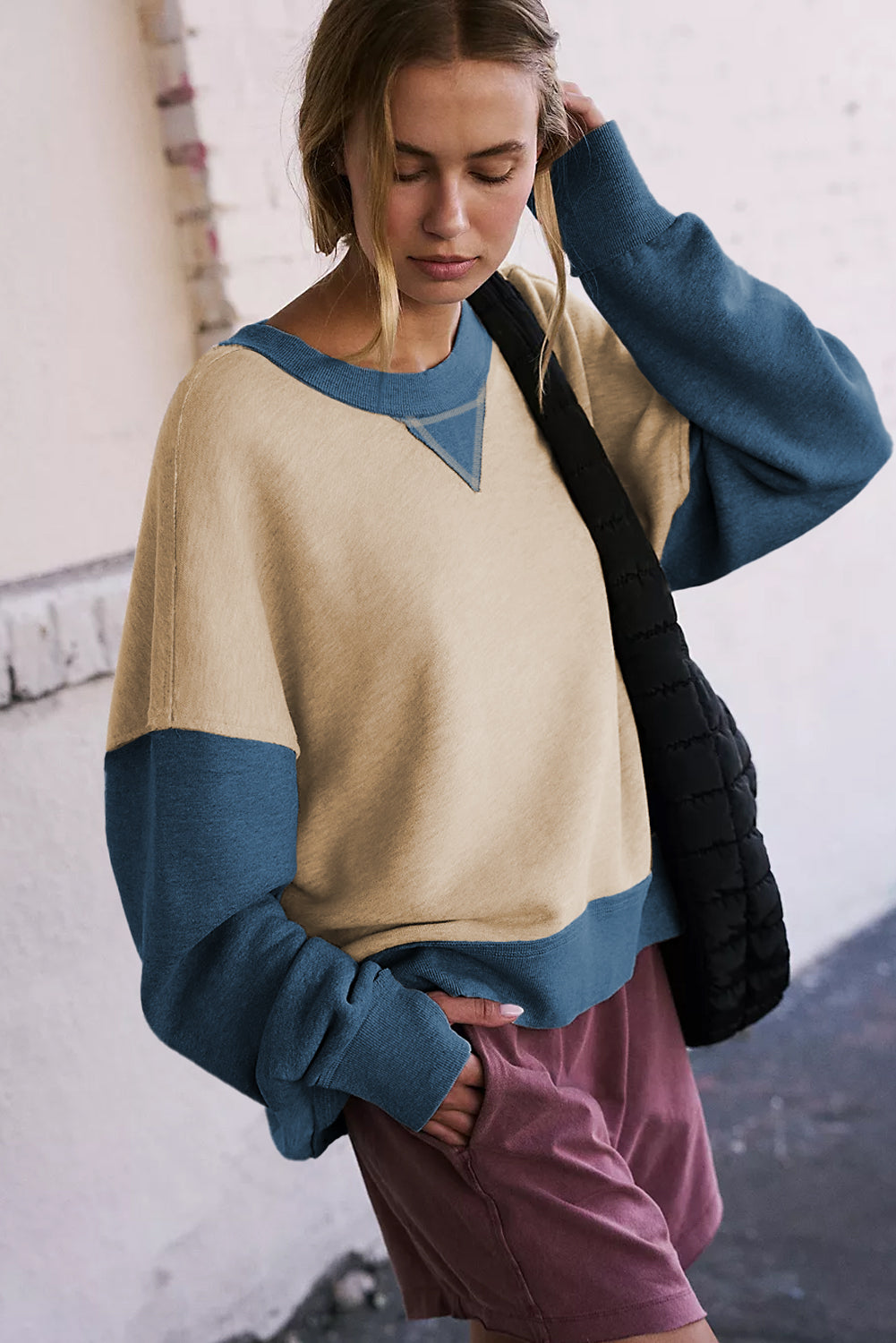 Colour Block Thumbhole Sleeve Drop Shoulder Sweatshirt | Parchment