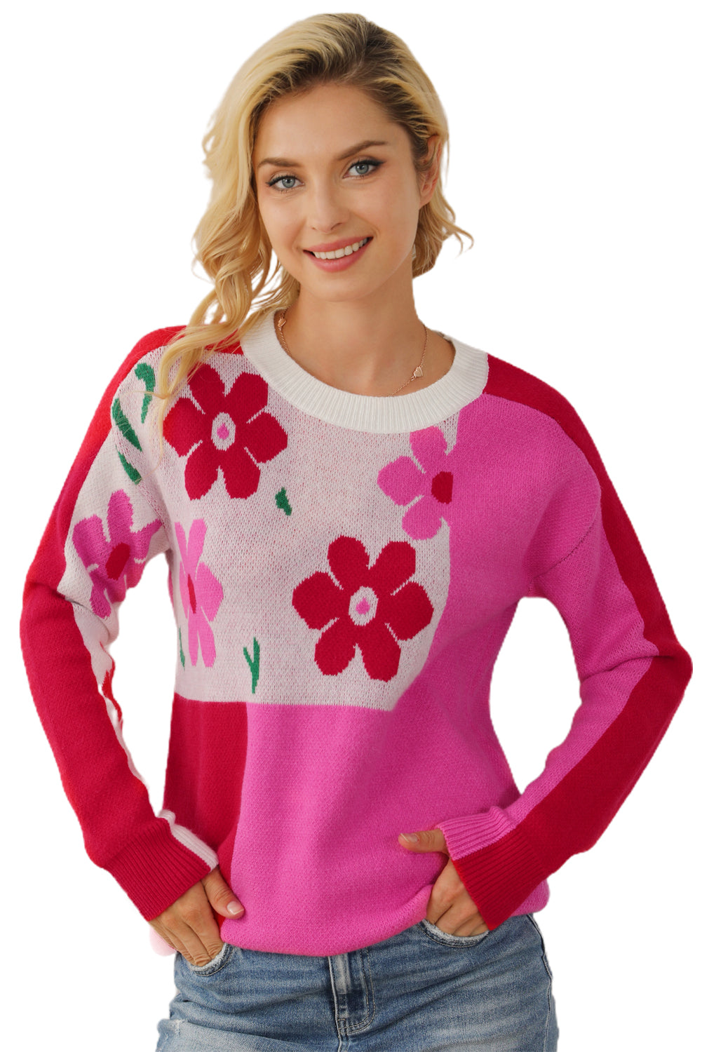 Floral Mixed Colour Block Sweater | Rose Red