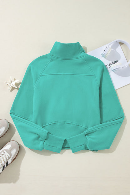 Fleece Lined Zip Up Stand Collar Thumbhole Sleeve Sweatshirt | Sea Green