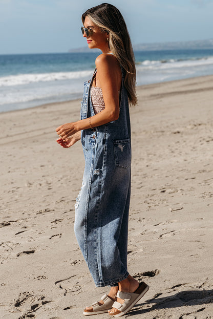 Distressed Bib Pocket Wide Leg Denim Overall | Stone Blue