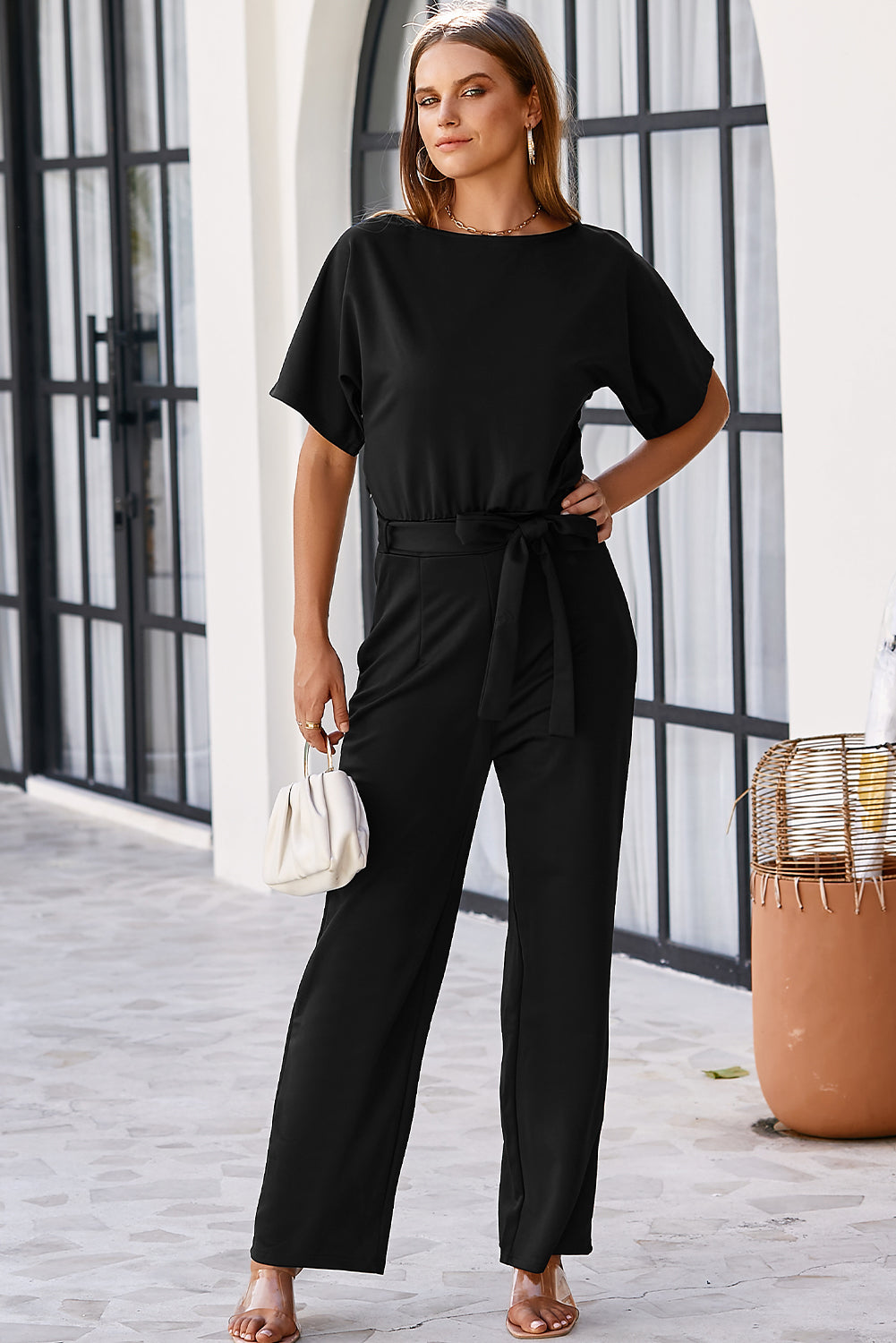 Belted Wide Leg Jumpsuit | Black