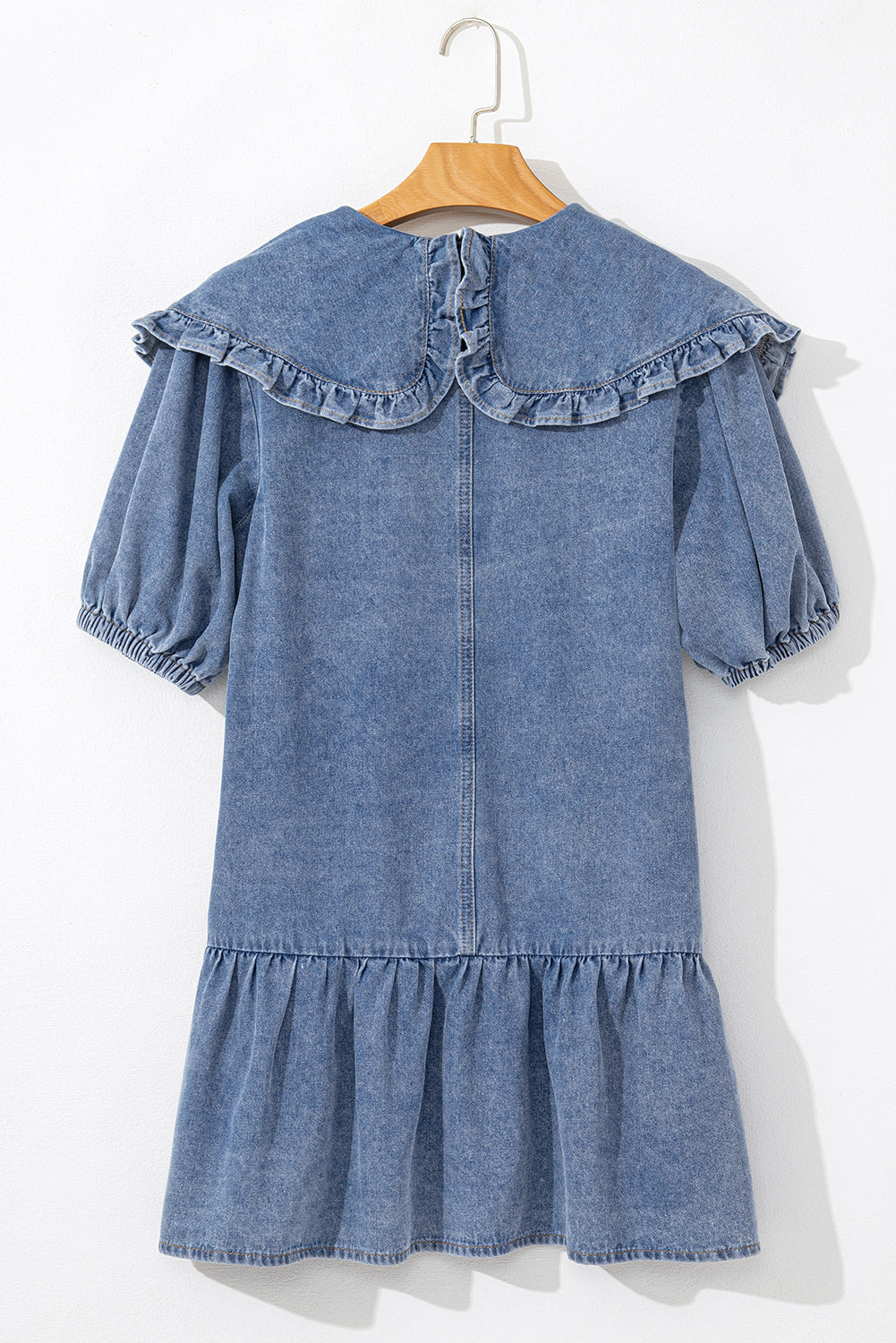 Ruffled Collared Side Pockets Puff Sleeve Denim Mini Dress | Dusk Blue