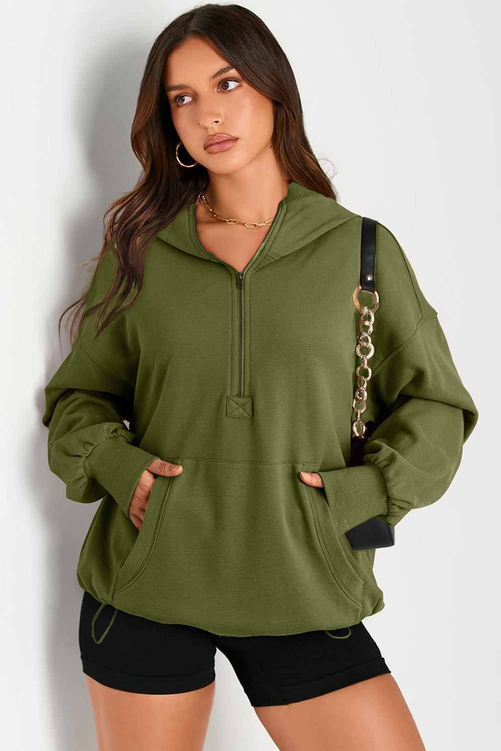 Solid Kangaroo Pocket Half Zipper Oversized Hoodie | Moss Green