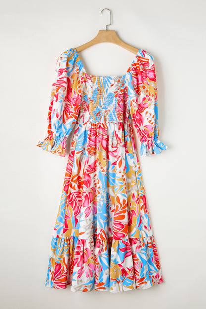 Tropical Print Smocked Bodice Puff Sleeve Maxi Dress | Rose Red