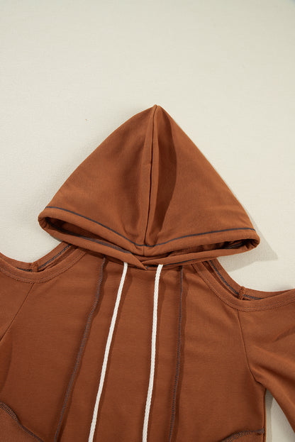 Exposed Seam Cold Shoulder Drawstring Hoodie | Cinnamon