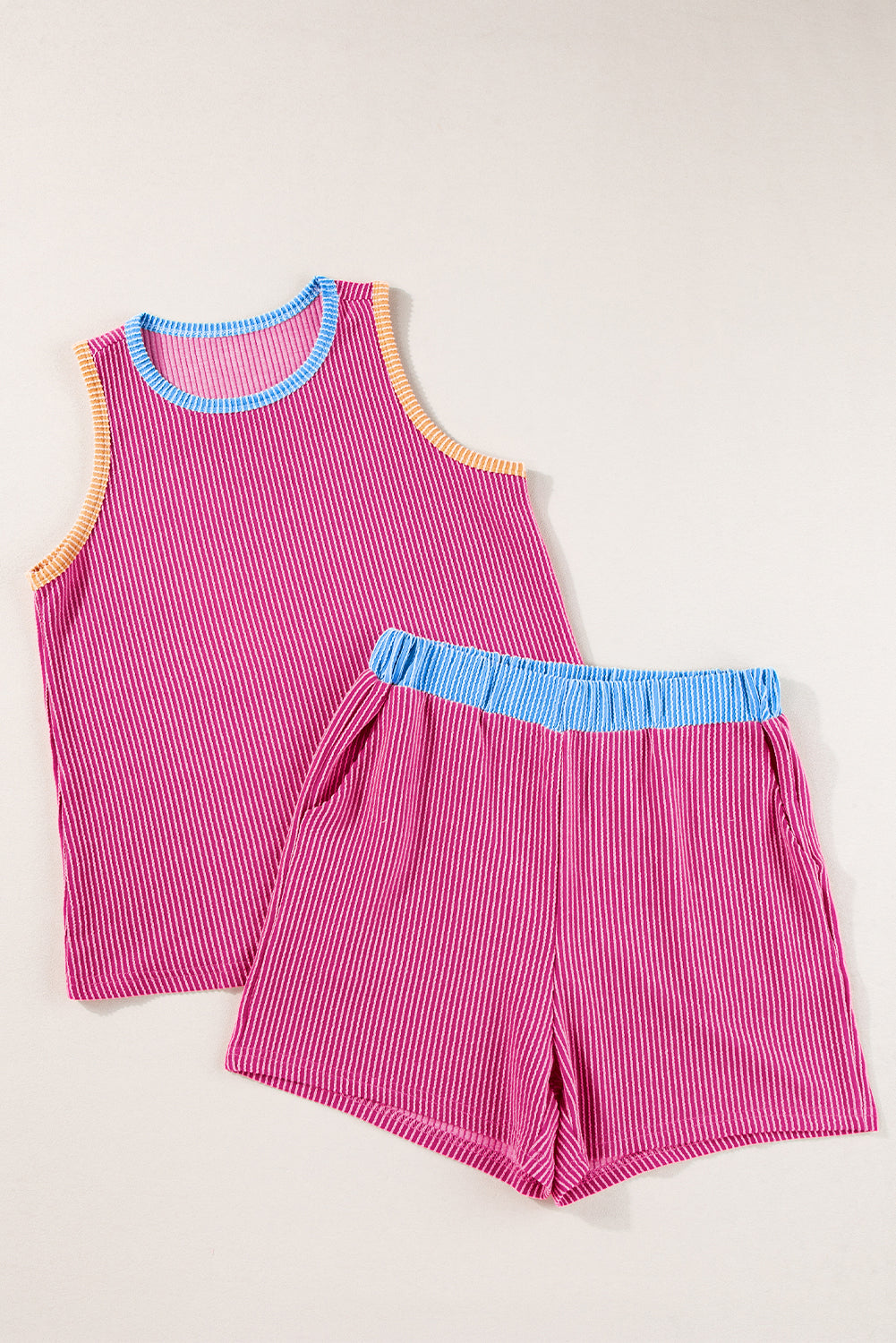 Corded Contrast Trim Sleeveless Top And Shorts Set | Bright Pink