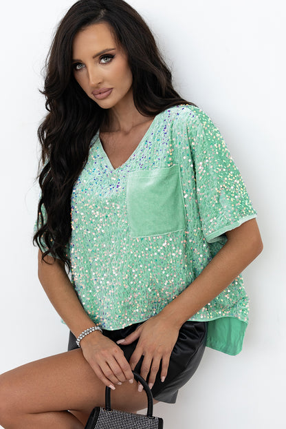 Sequin Batwing Sleeve V Neck Velvet Blouse | Moonlight Jade