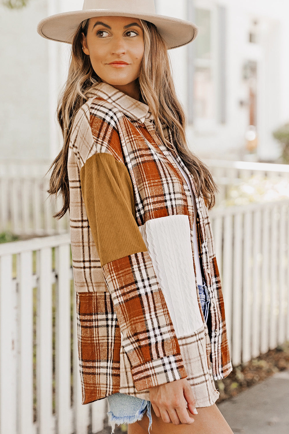 Plaid Colour Block Patchwork Shirt Jacket With Pocket | Orange