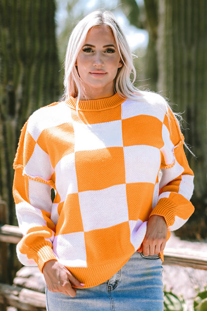 Orange Checkered Bishop Sleeve Sweater | Grapefruit Orange