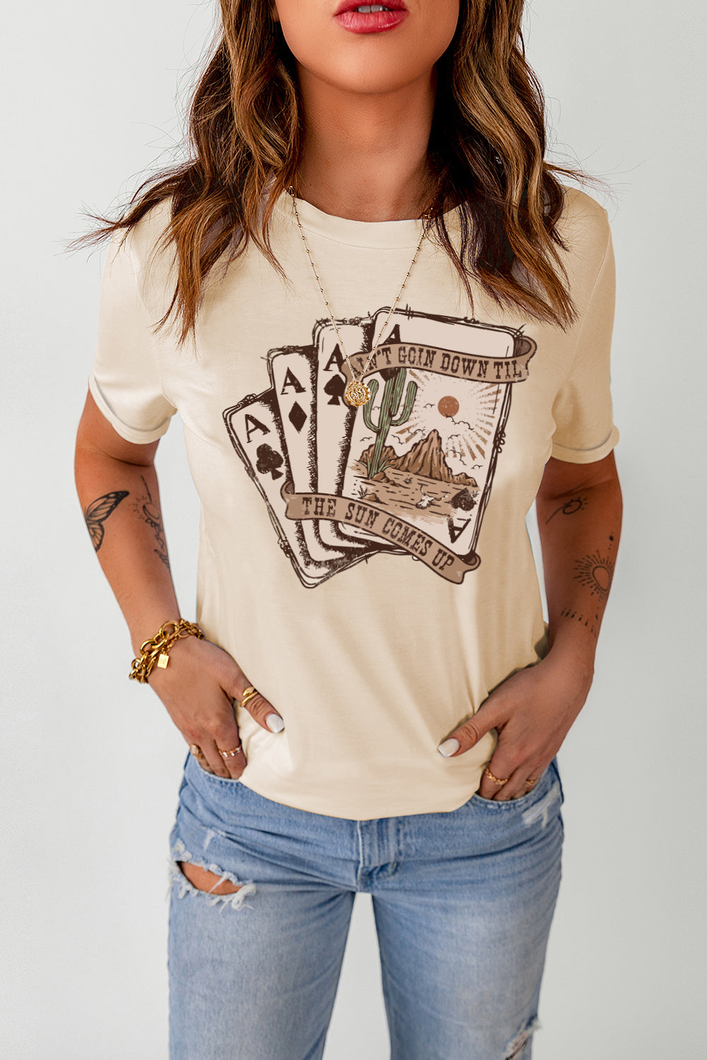 Western Poker Cards Graphic T Shirt | Khaki