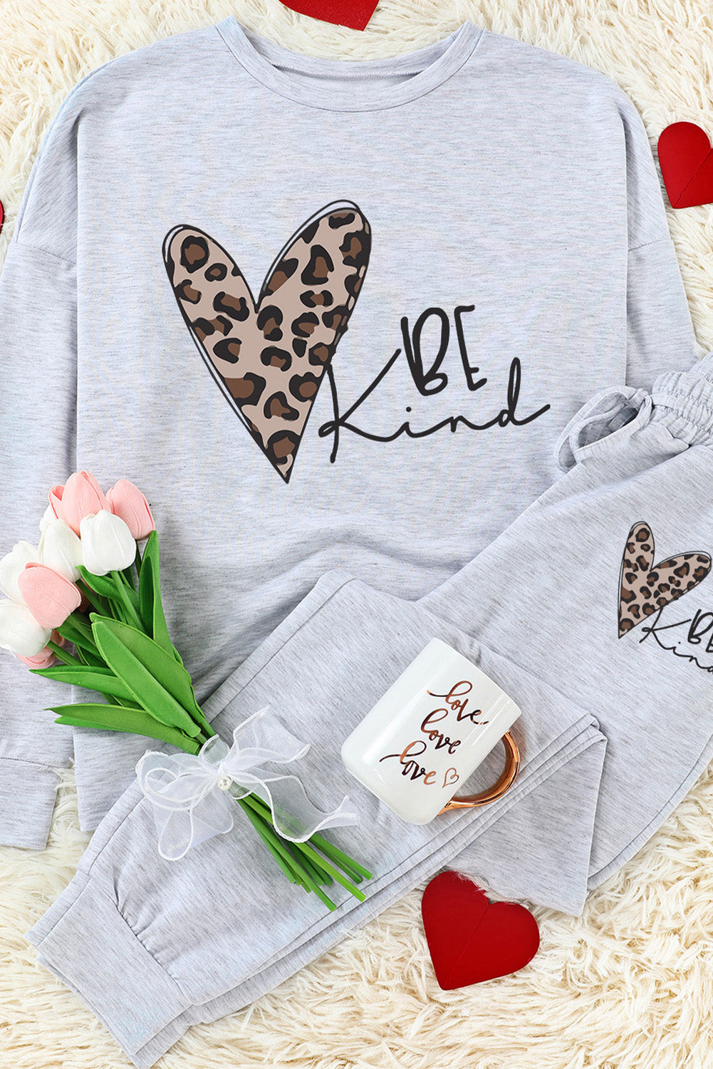 Be Kind Leopard Heart Graphic Pullover And Joggers Lounge Set | Gray