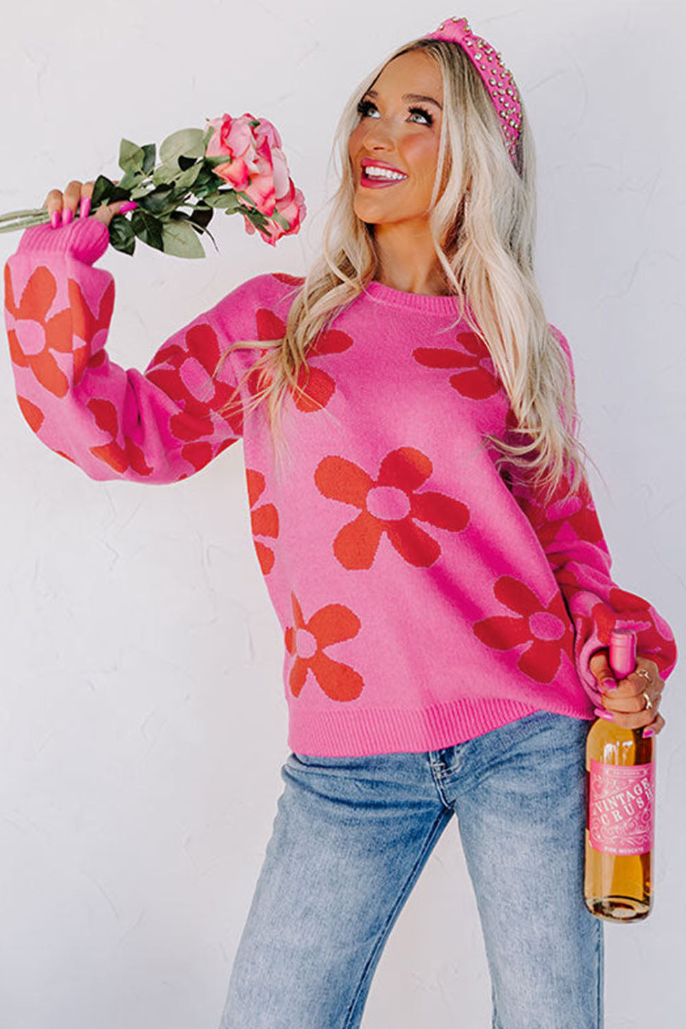 Big Flower Knit Ribbed Trim Sweater | Rose