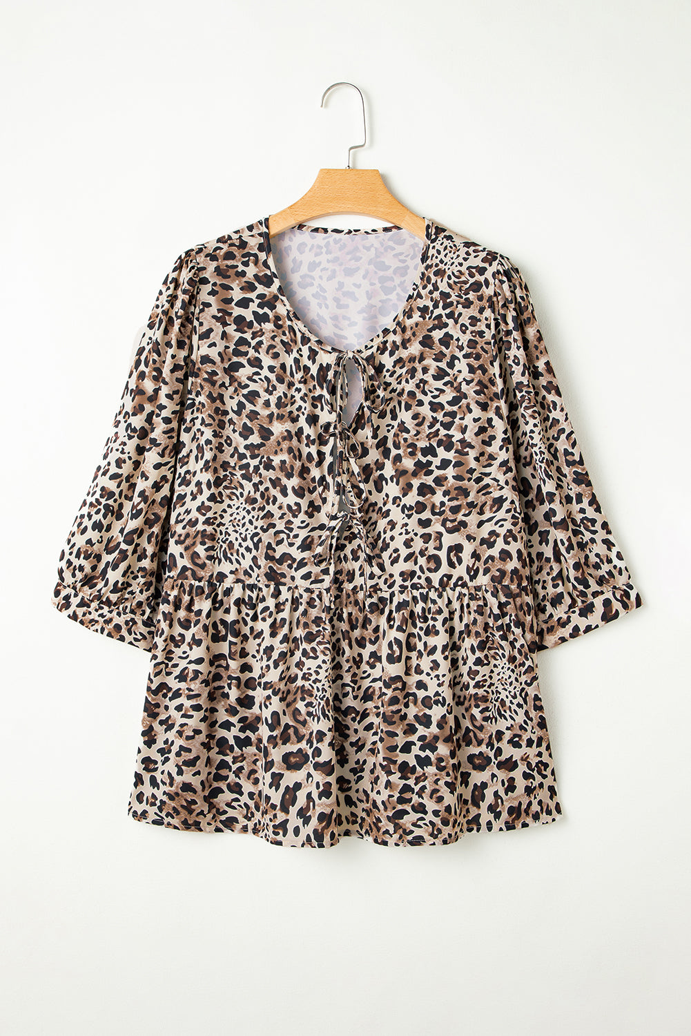 Leopard Print Lace-Up Ruffled 3/4 Sleeve Plus Size Blouse | Khaki