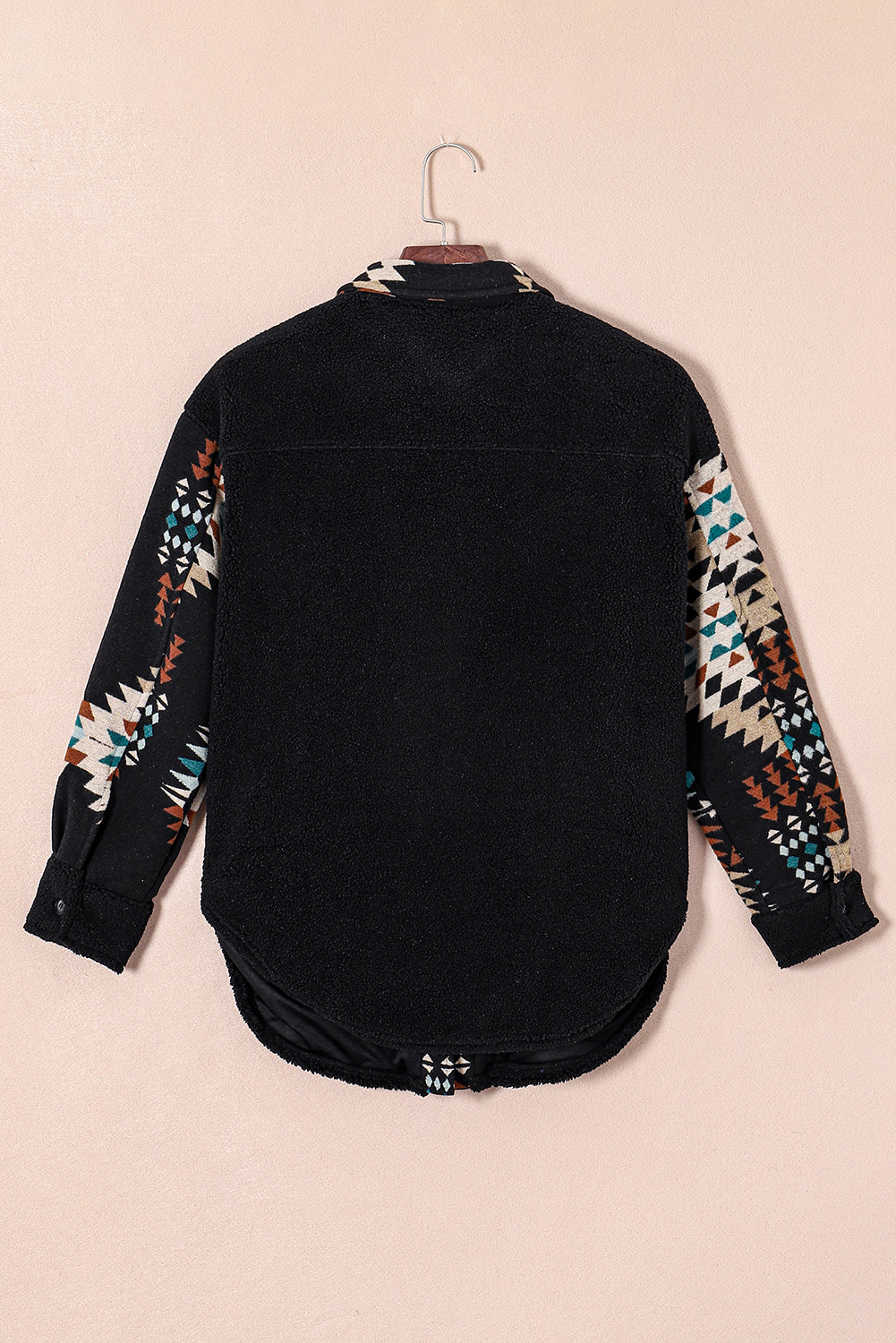 Western Aztec Print Accent Fleece Shacket | Black