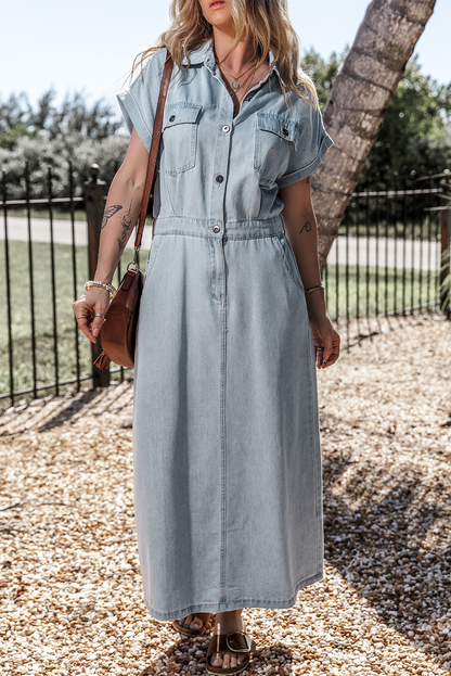 Short Batwing Sleeve Slit Back Denim Dress | Beau Blue