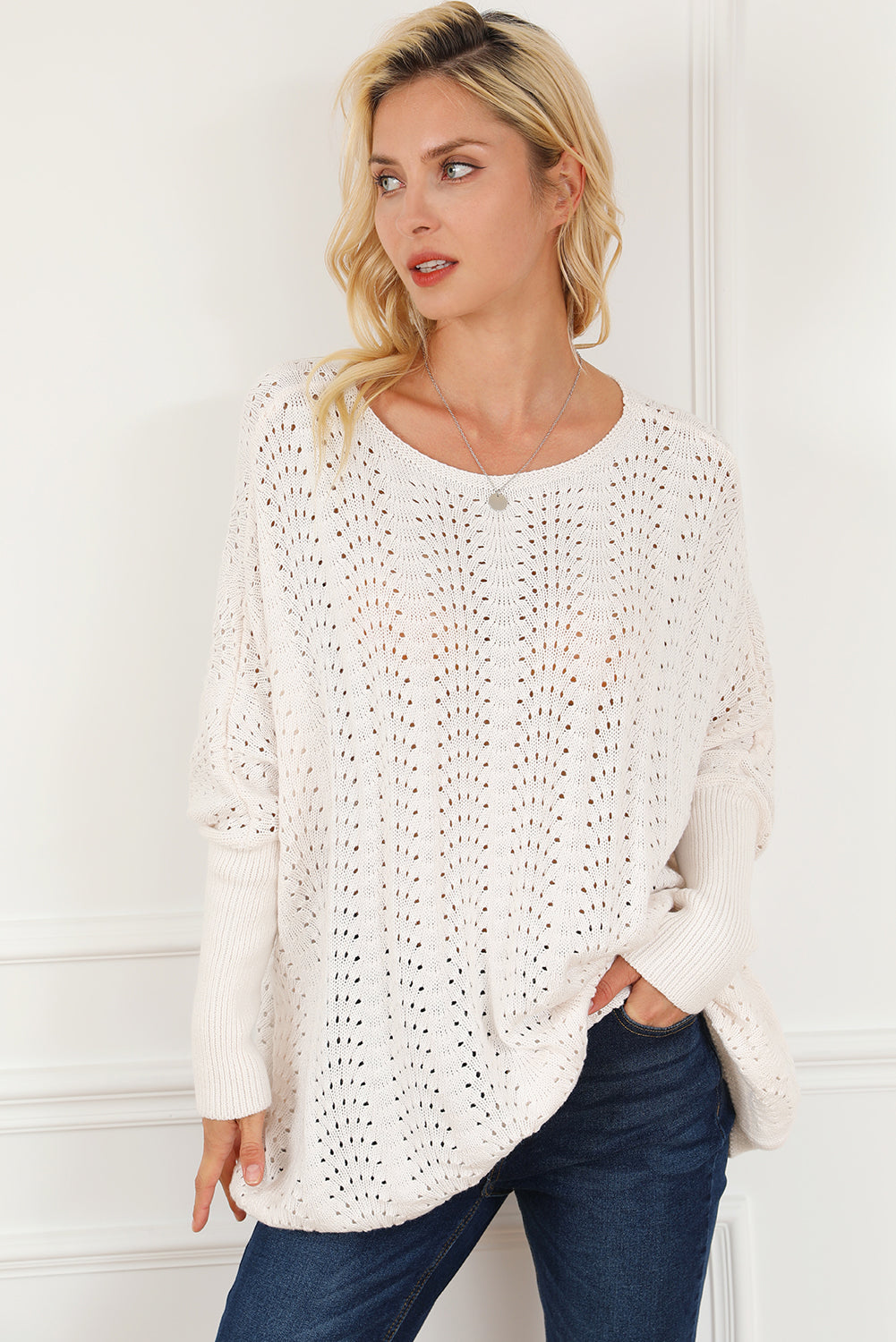 Ribbed Hollow Knit Dolman Sleeve Sweater | Beige