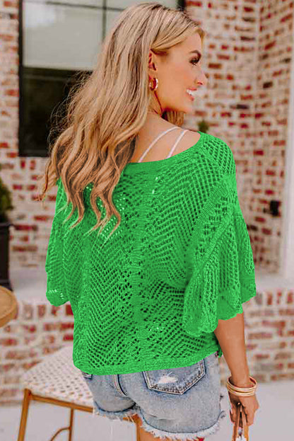 Pointelle Knit Scallop Edge Short Sleeve Top | Green