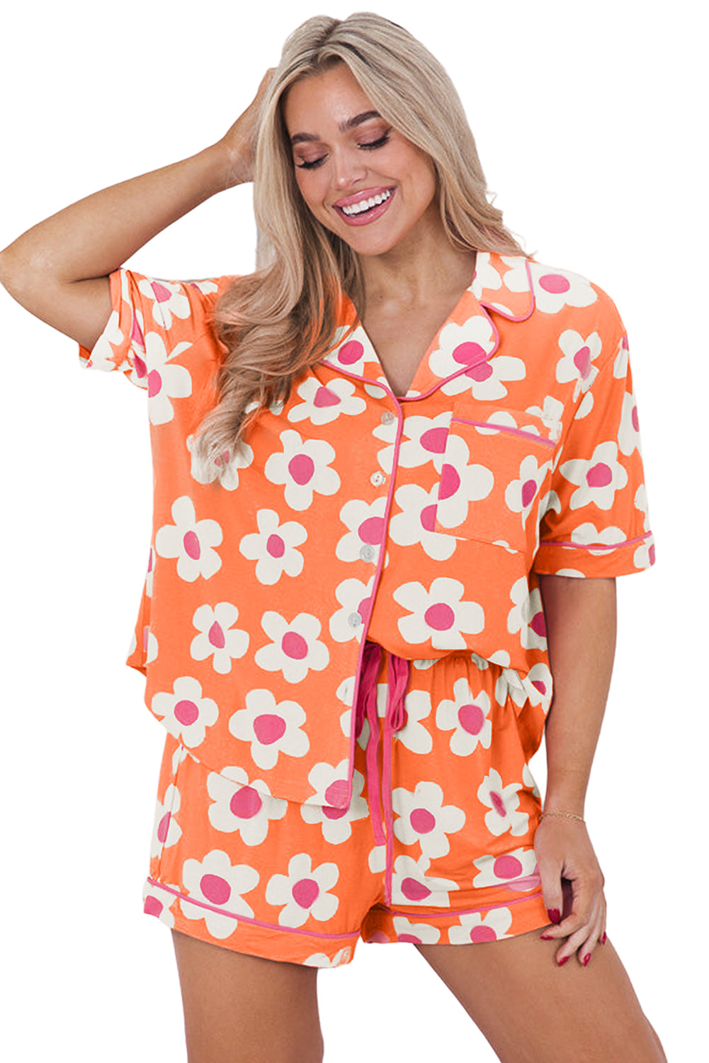 Flower Print Short Sleeve Shirt Pajamas Set | Orange