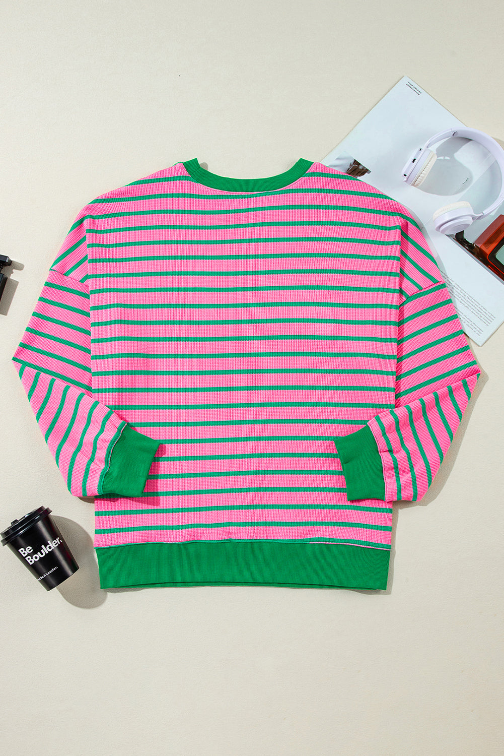 Waffle Knit Crew Neck Plus Size Sweatshirt | Pink Stripe