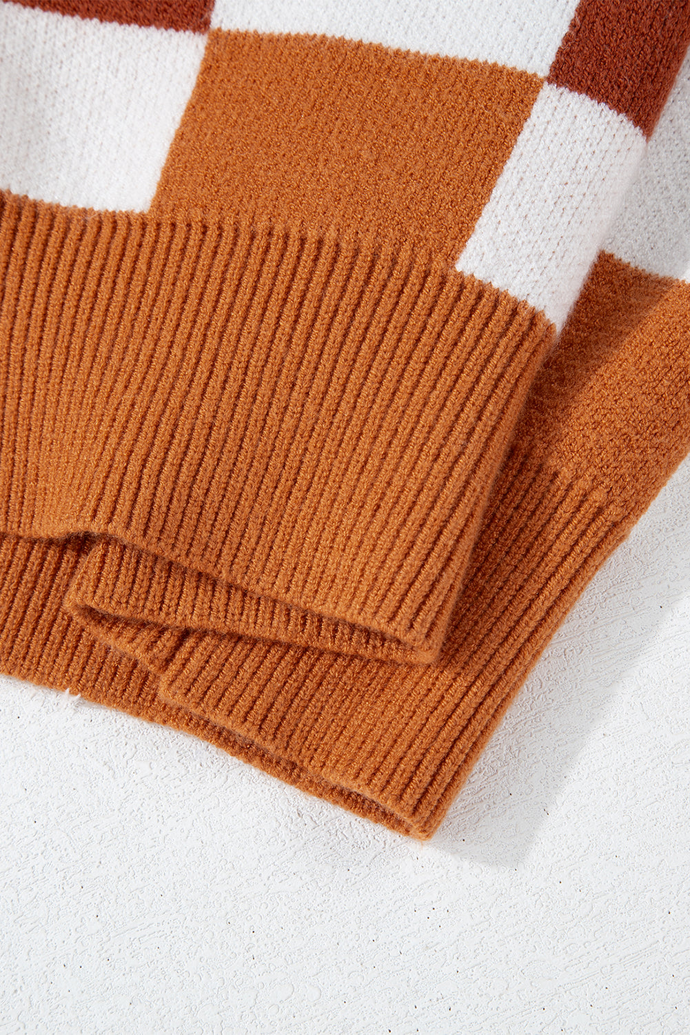 Checkered Ribbed Edge O Neck Drop Shoulder Sweater | Orange