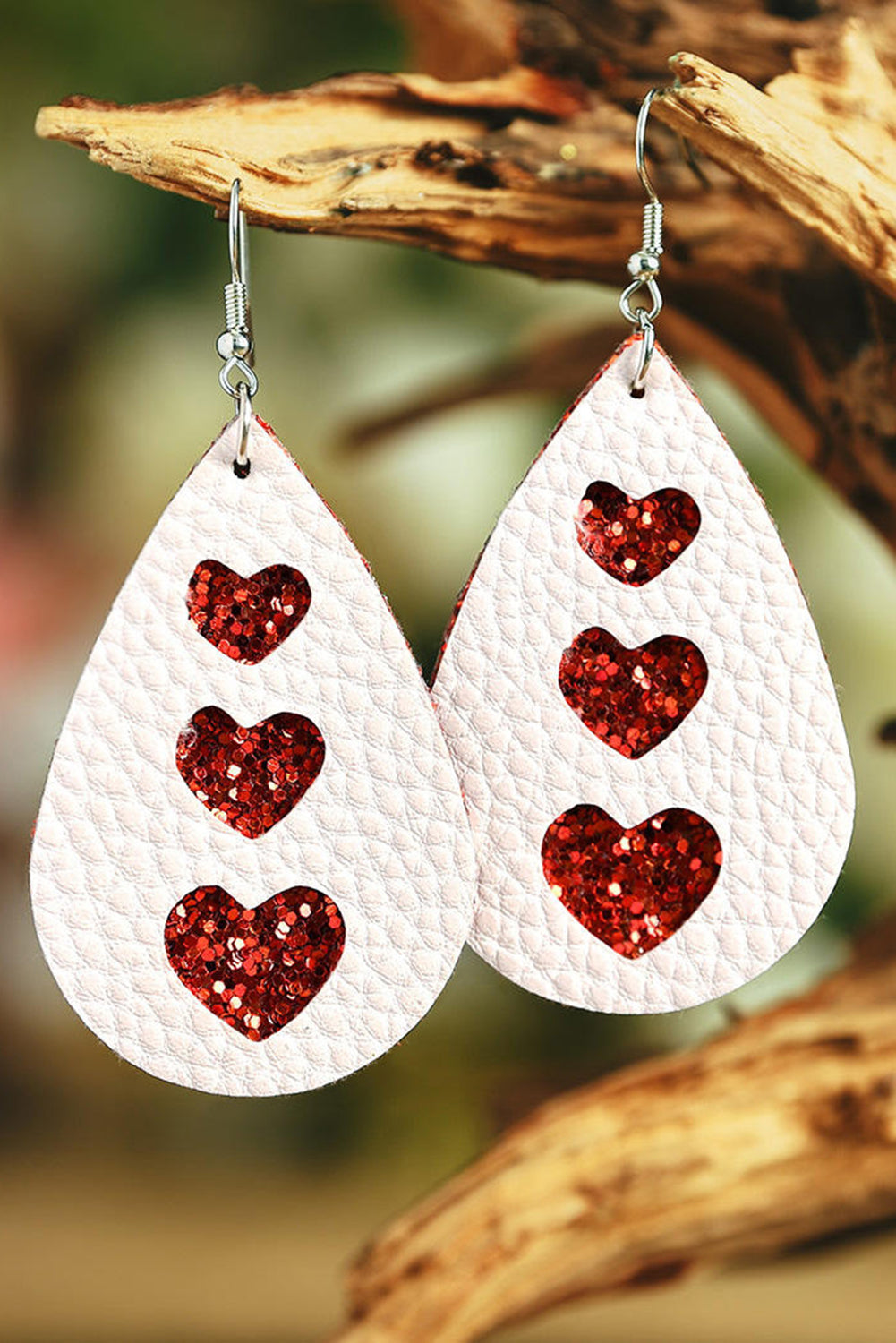 White Valentines Heart Print Pu Leather Teardrop Dangle Earrings