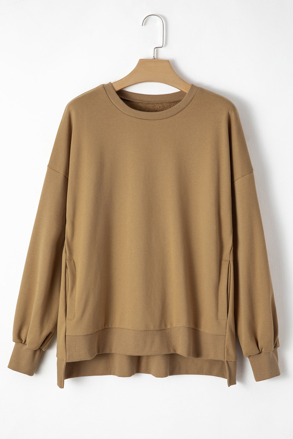 Solid O Neck High Low Hem Pullover Sweatshirt | Brown