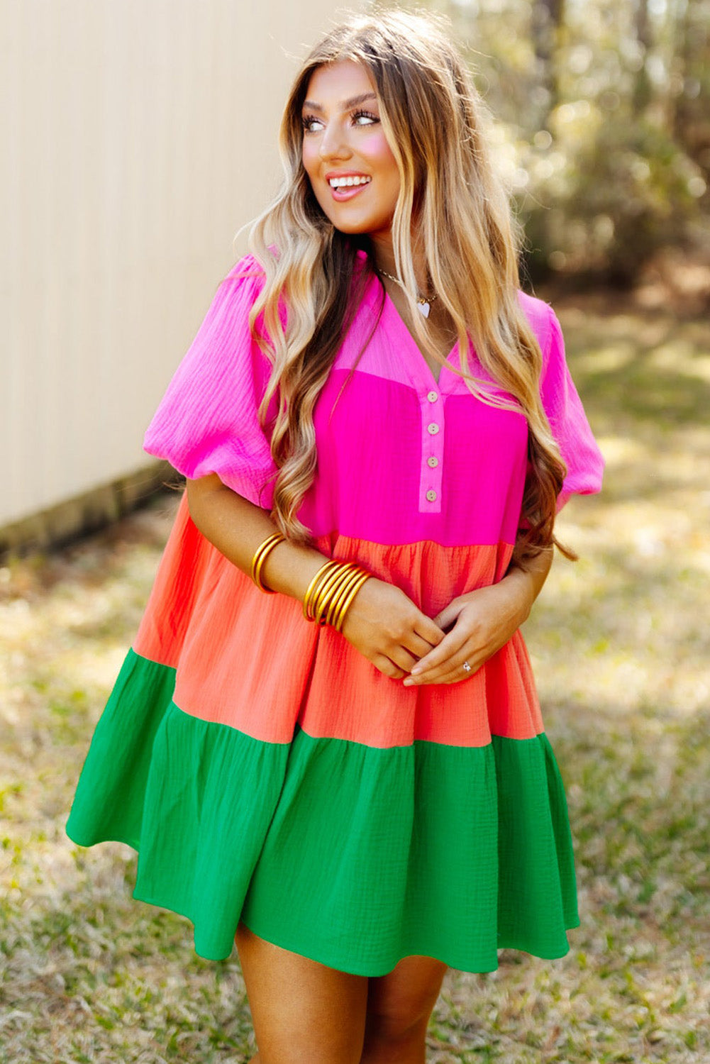 Colour Block Tiered Puff Sleeve Dress | Multicolour