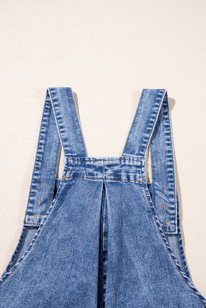 Mineral Wash Buttoned Straps Wide Leg Denim Overalls | Light Blue