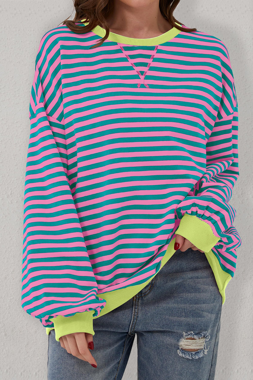 Oversized Contrast Trim Pullover Sweatshirt | Green Stripe