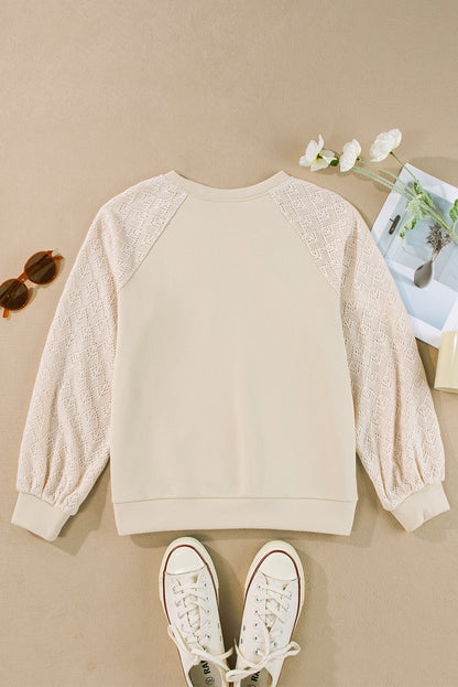 Eyelet Knit Patchwork Raglan Sleeve Pullover Top | Parchment