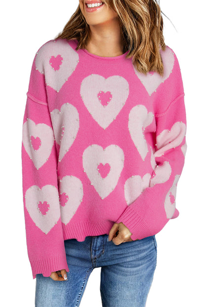 Pearl Beaded Heart Drop Shoulder Sweater | Bonbon