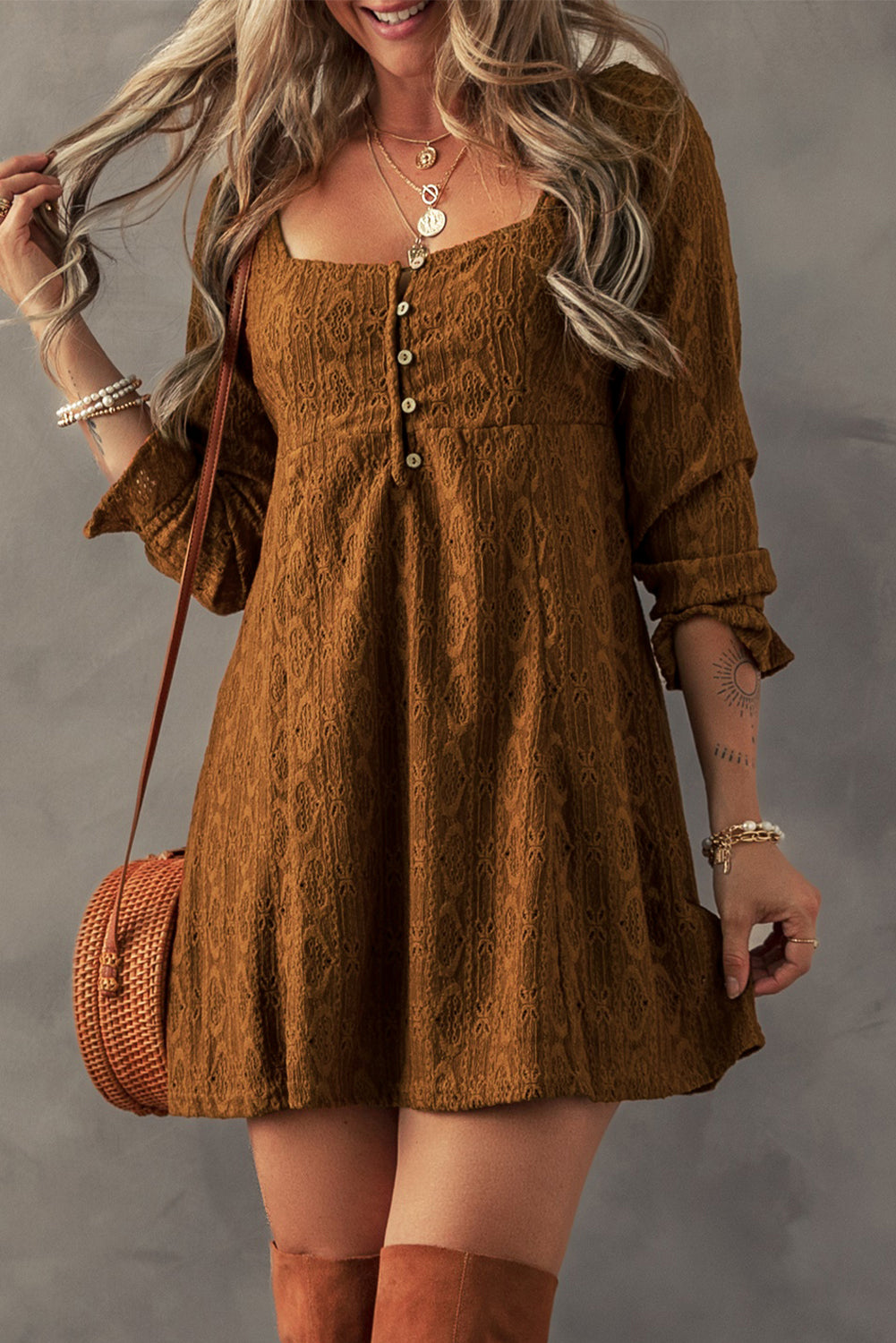 Lace Crochet Buttoned Square Neck Shift Mini Dress | Chestnut