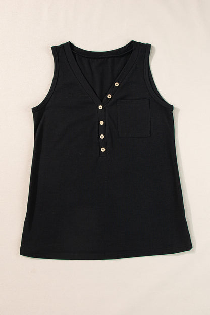 Half Button V Neck Patched Pocket Tank Top | Black