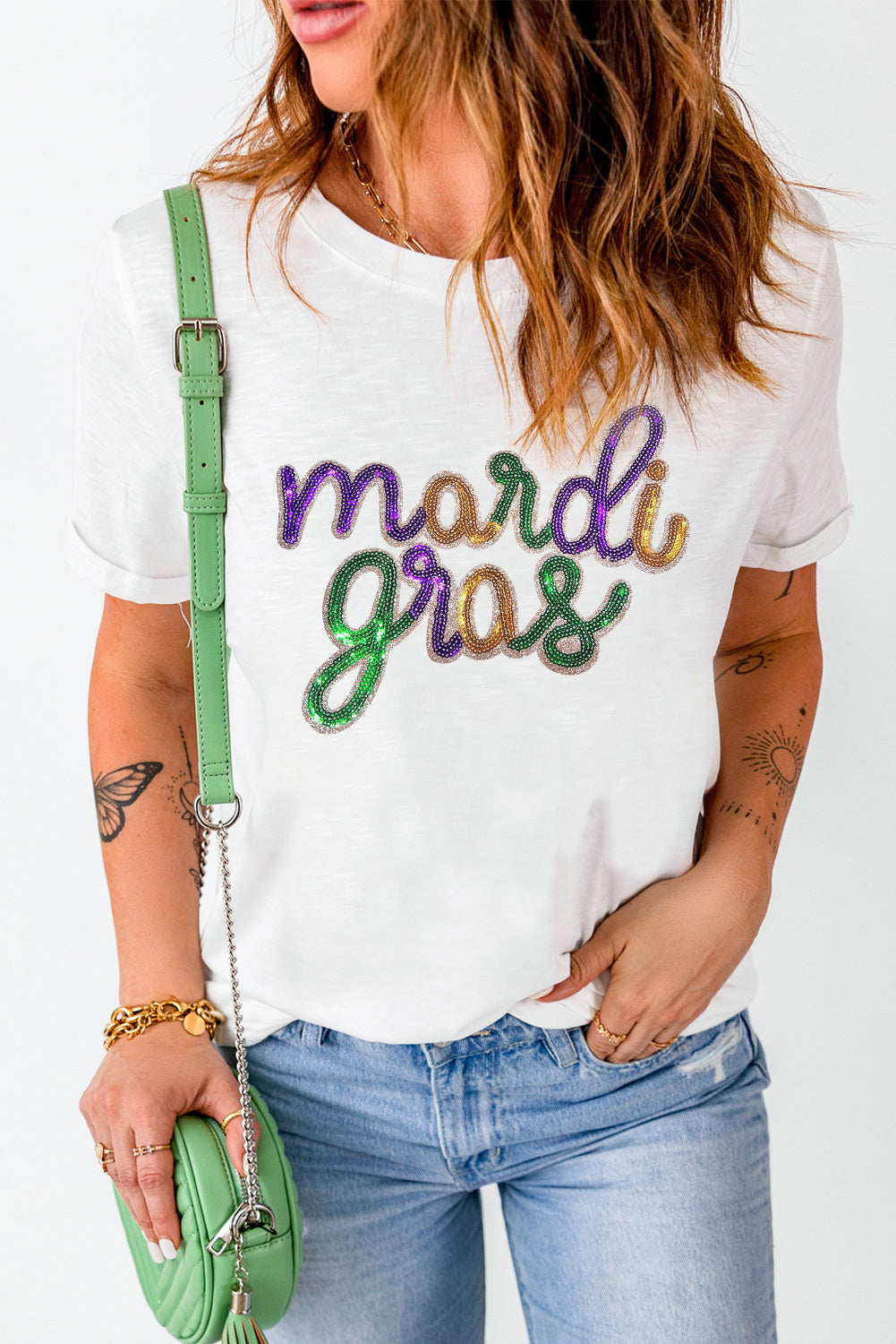 Sequin Mardi Gras Graphic T Shirt | White