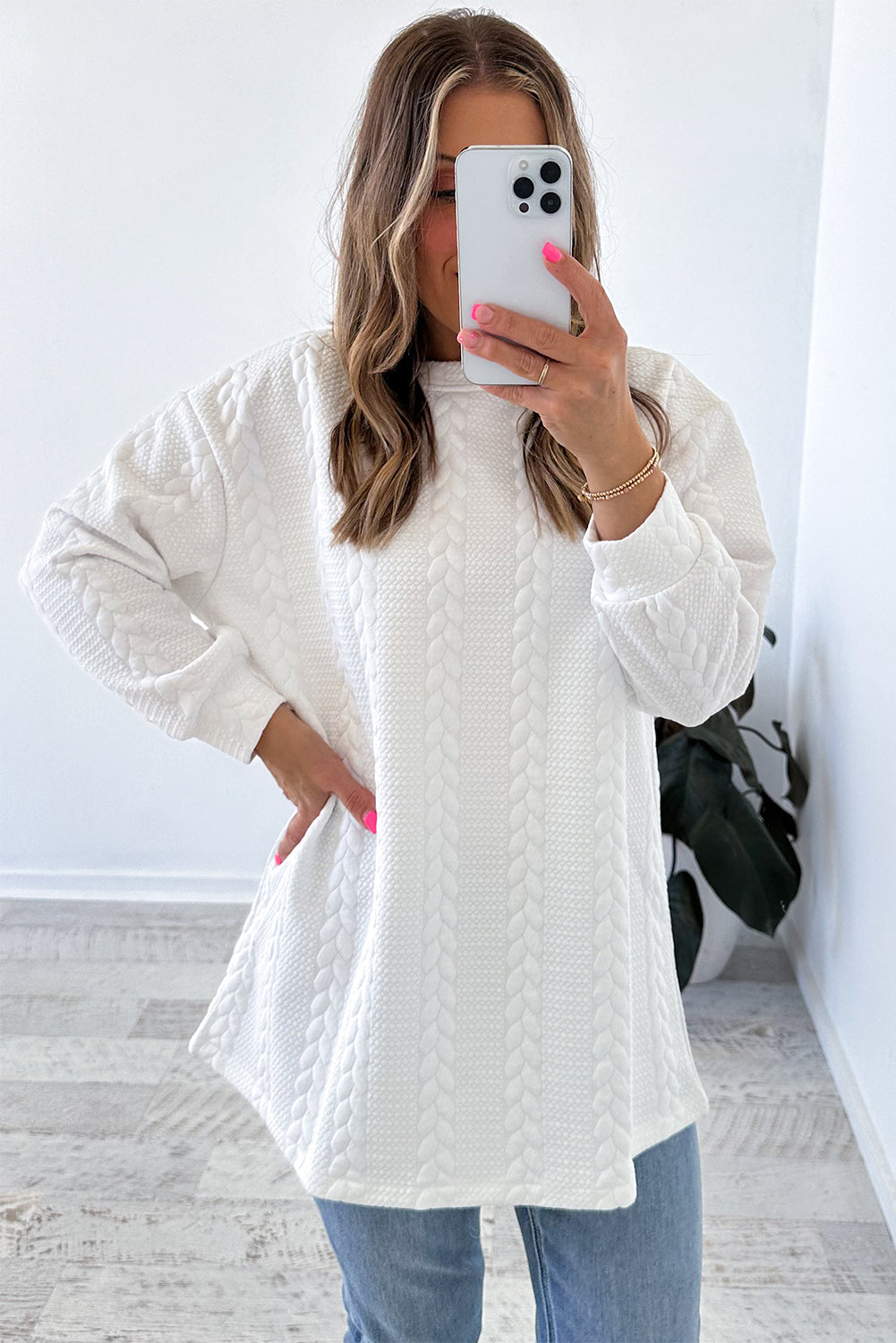 Cable Textured Long Sleeve Round Neck Top | White