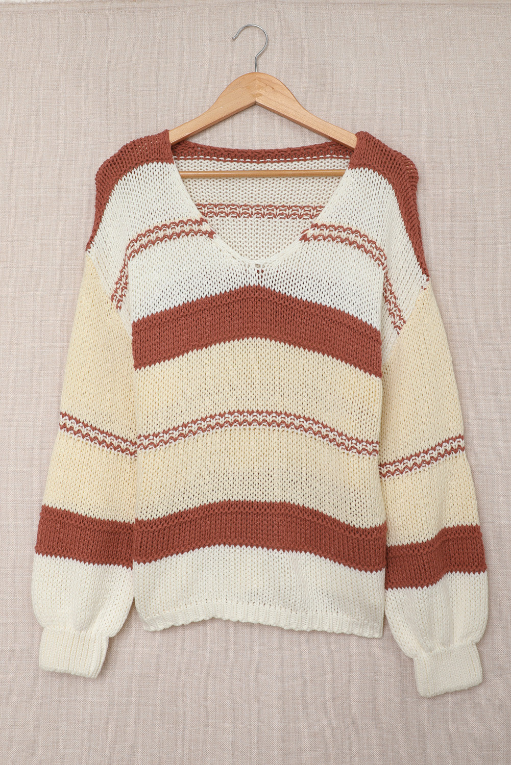 V-Neck Knitted Lantern Sleeve Pullover Sweater | Red