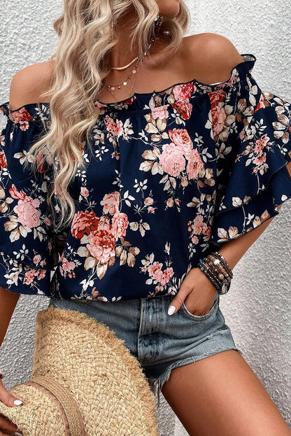 Ruffle Off Shoulder Flounce Sleeve Floral Blouse | Blue