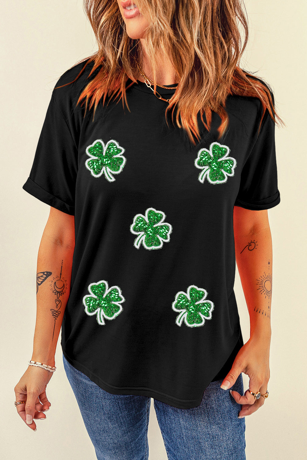 Four Leaf Clover Graphic St. Patricks Crewneck Tee | Black