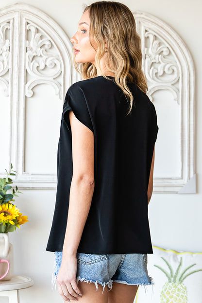 Geometric Floret Embroidered Short Sleeve Blouse | Black