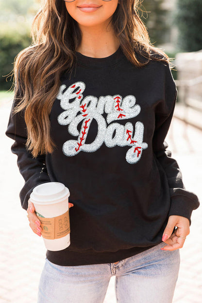 Sequined Game Day Graphic Crew Neck Sweatshirt | Black