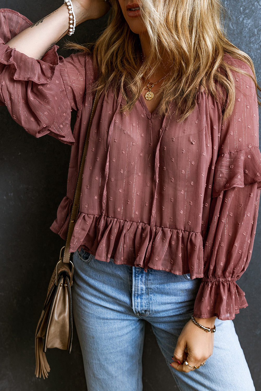 Fiery  Swiss Dot Lace Up V Neck Ruffled Blouse | Red