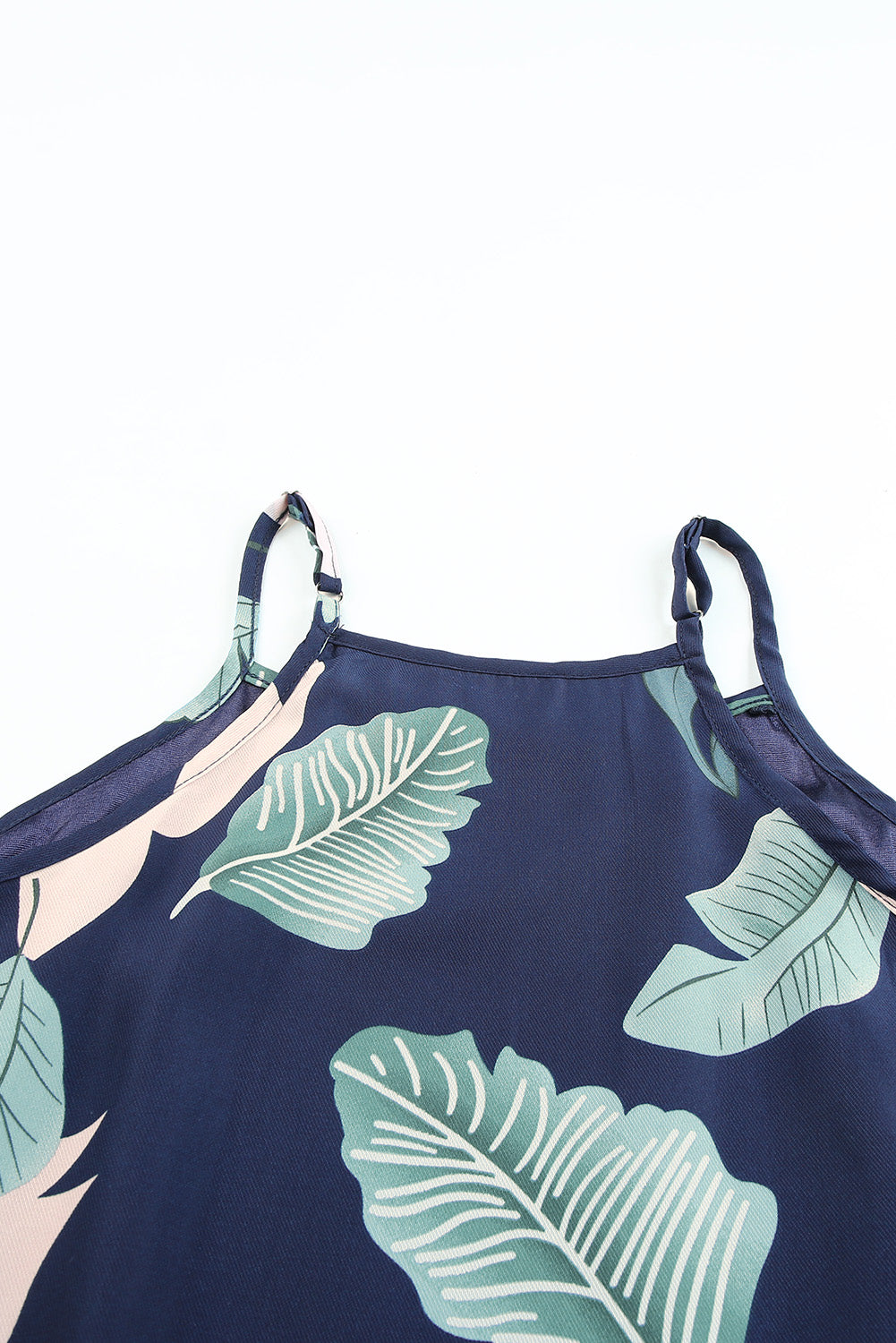 Palm Tree Leaf Print Navy Sleeveless Dress | as shown