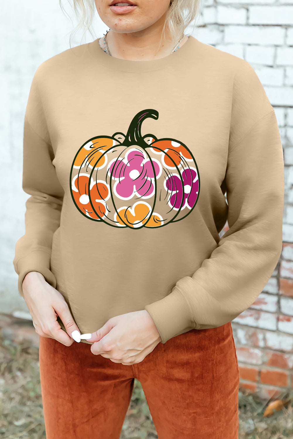 Halloween Floral Pumpkin Graphic Drop Shoulder Sweatshirt | Khaki