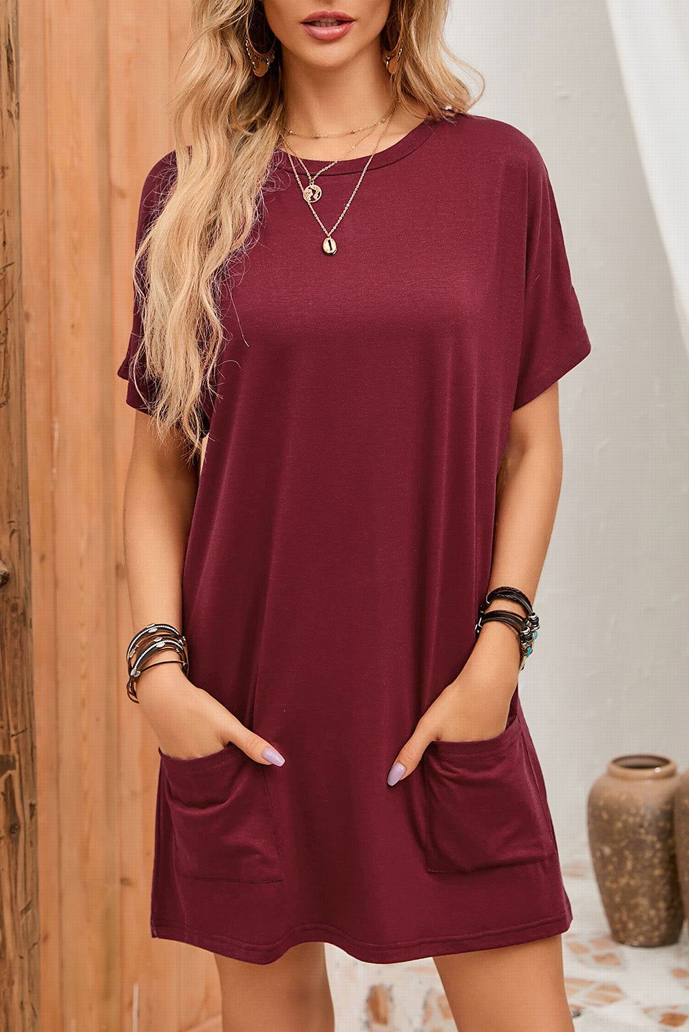 Side Pockets Short Sleeve Tunic Top | Red