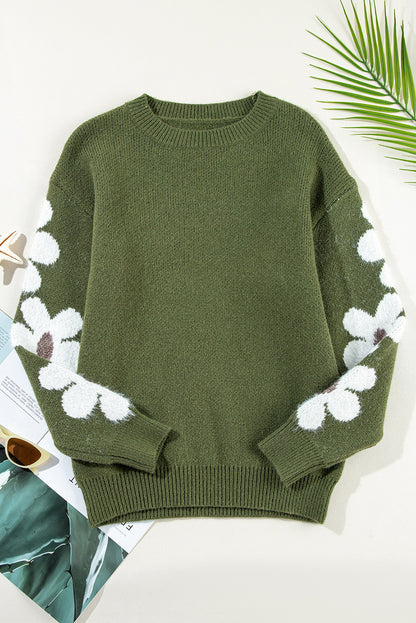 Flower Sleeve Drop Shoulder Sweater | Moss Green