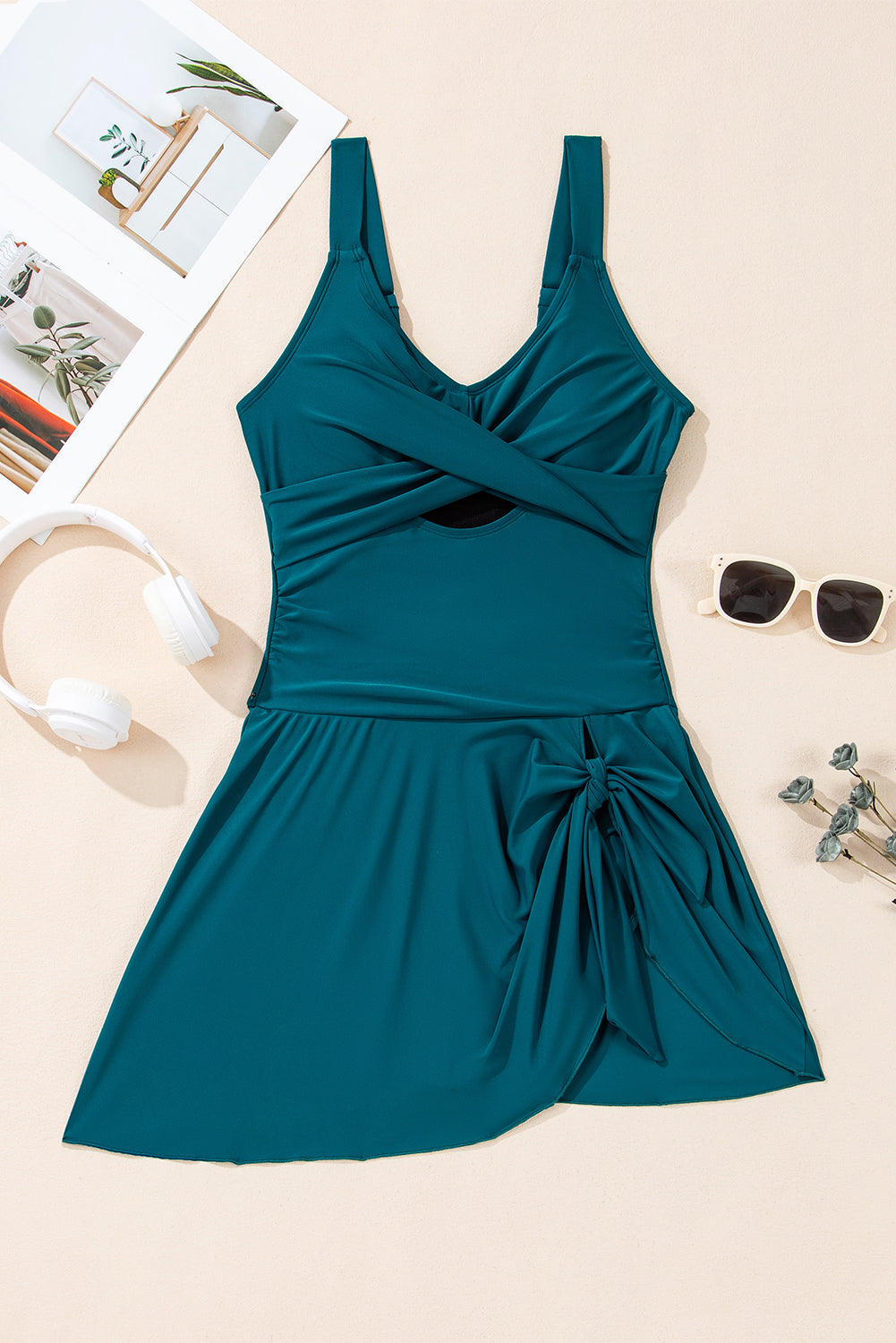 Adjustable Straps Cutout Ruched Knot Slit One Piece Swim Dress | Sea Green