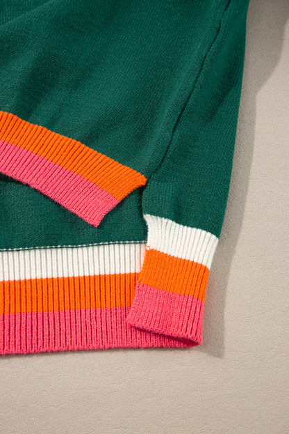 Colourblock Striped Trim Drop Shoulder Sweater | Blackish Green