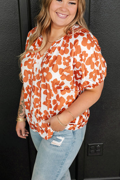 Plus Size Floral Print Drawstring V Neck Short Sleeve Blouse | Orange