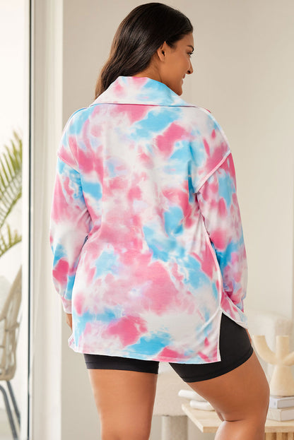 Plus Size Tie-Dye Zipped Collared Pullover Sweatshirt | Multicolour